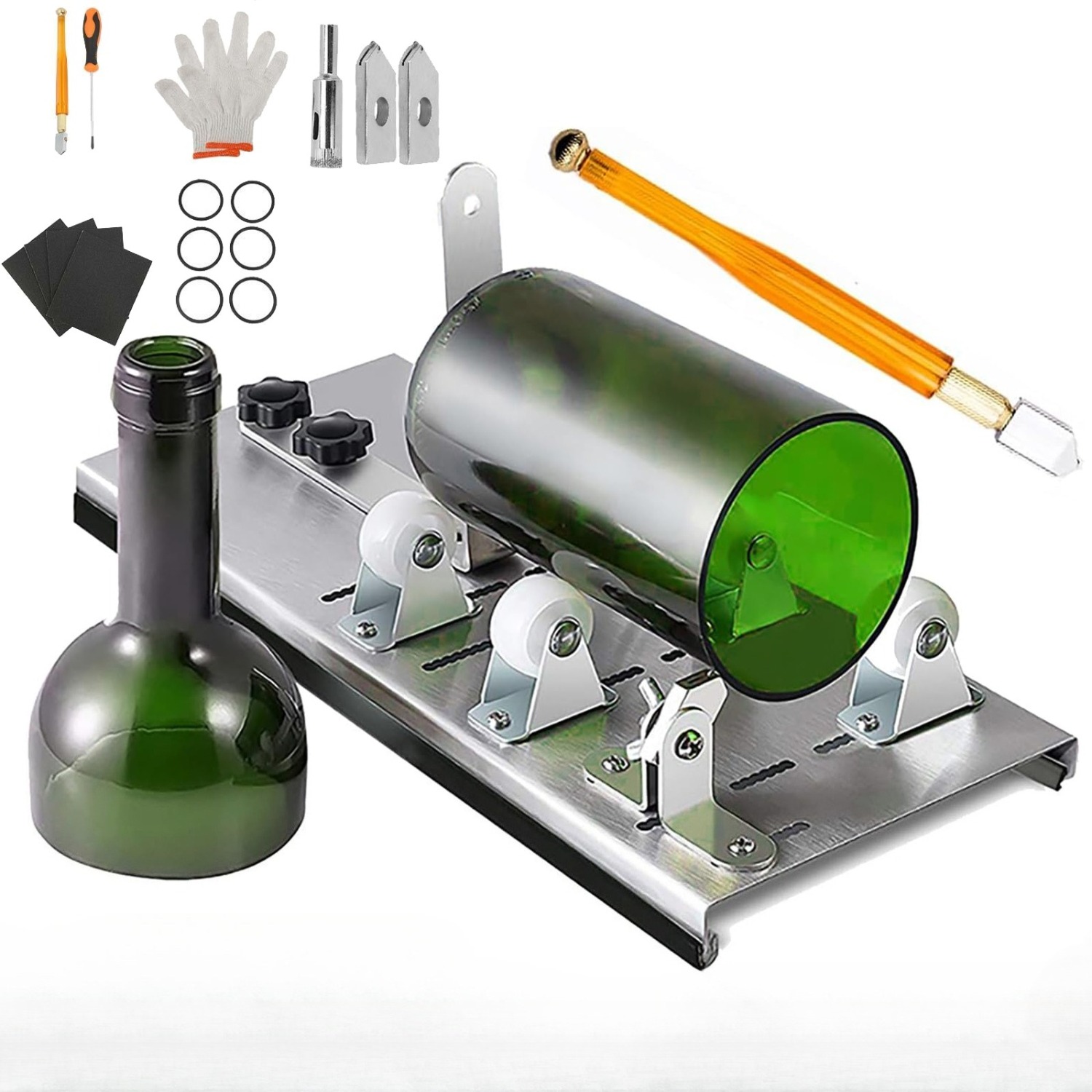 Professional Manual Glass Bottle Cutter - Heavy-duty Adjustable Thickness 5-wheel Precision With & Guide Plate, Metal Frame For Diy Vases, Wine Bottles, Candle Holders, Craft Projects (no Required)