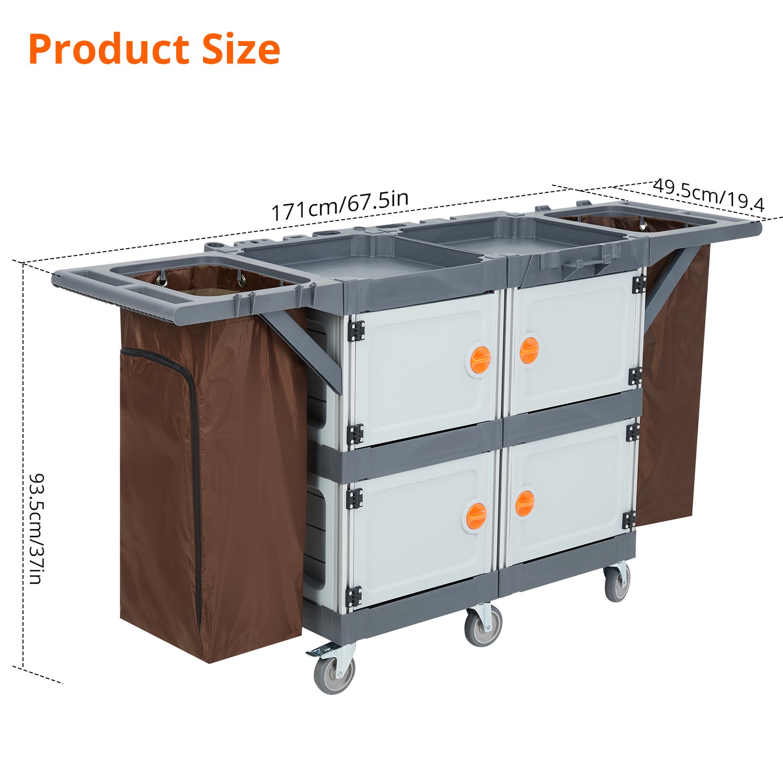 Image of Cleaning Carts On Wheels, 165 Lbs Housekeeping Cart With 2-tier Shelves, 2 Large Capacity Bags, Cover Lid, Multifunctional Commercial Janitorial Cart Hotel Sanitary Cart For