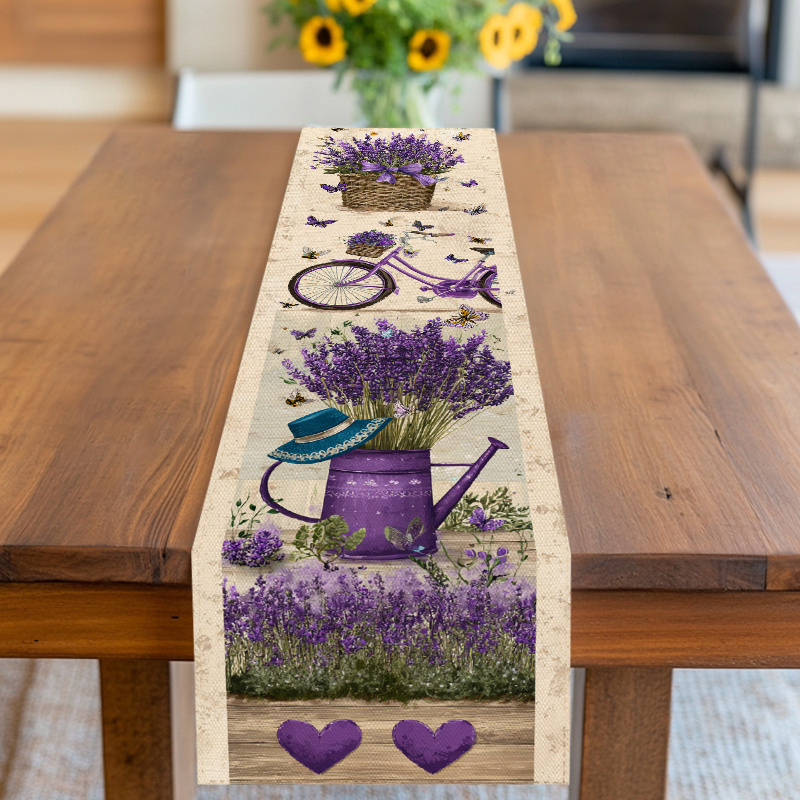 TEMU Runner da , Copritavolo, Design con Motivo Lavanda e Bicicletta con , Tonalit� Lavanda e Beige, per , San Valentino, Compleanno, Matrimonio,