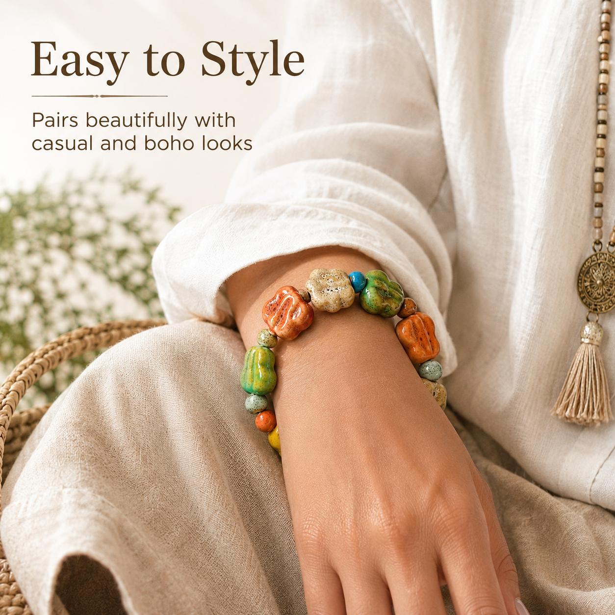 Colorful Ceramic Beaded Stretch Bracelet, Boho Handmade Look