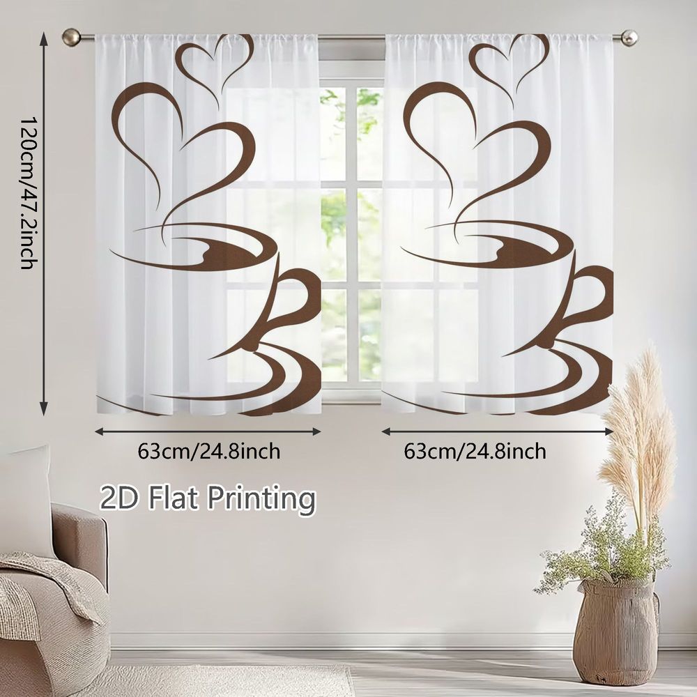 TEMU 2d Flat, 2pcs Panel Semi-sheer Window Curtains Suitable For Kitchens, Cafes, Dining & - Rod With Coffee Cup & Heart Steam, Minimalist Brown