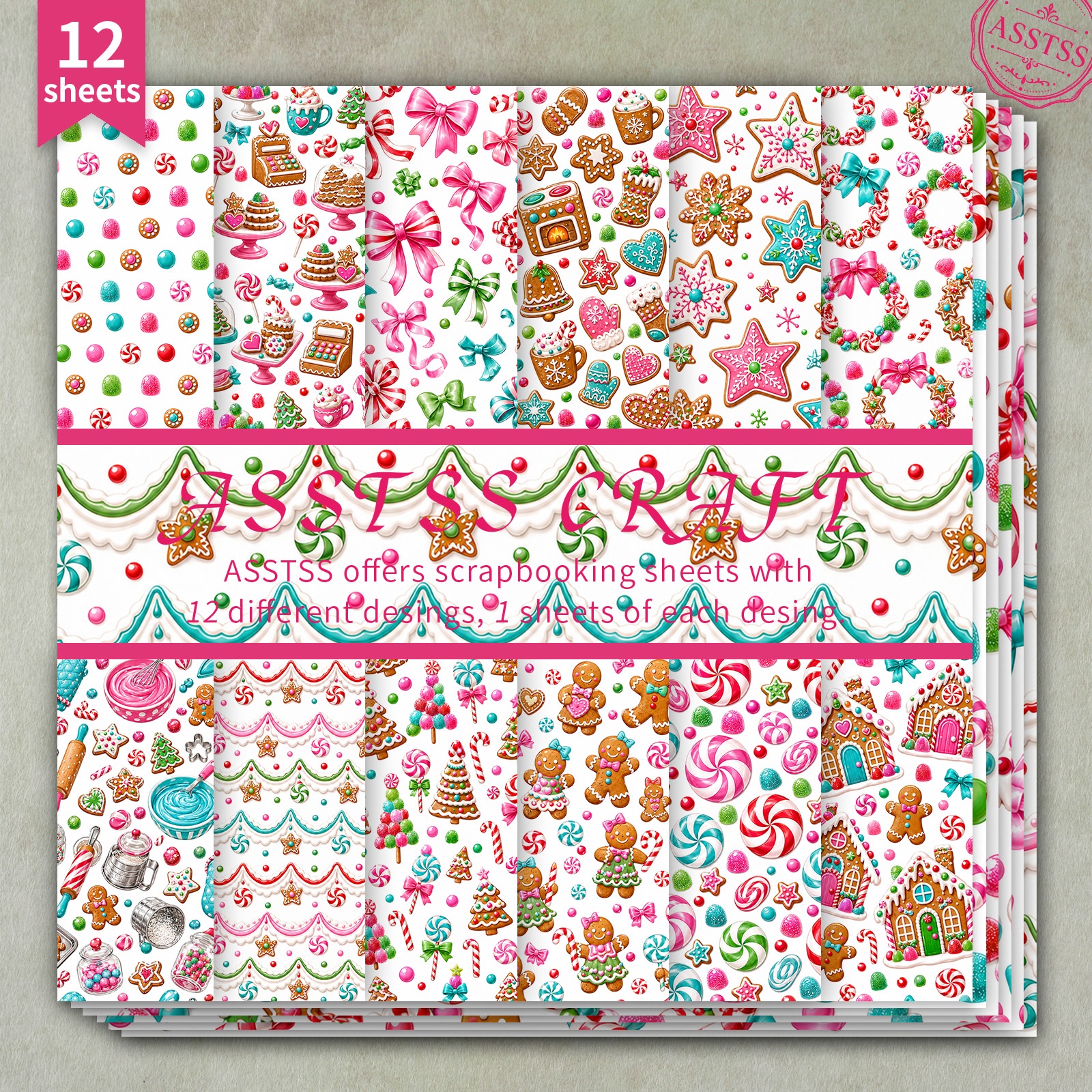 TEMU 12-sheet Asstss 6x6 Inch Scrapbooking Paper Pad, Christmas Gingerbread Man Candy Bow Backing Paper Supplies, Heavyweight Cardstock For