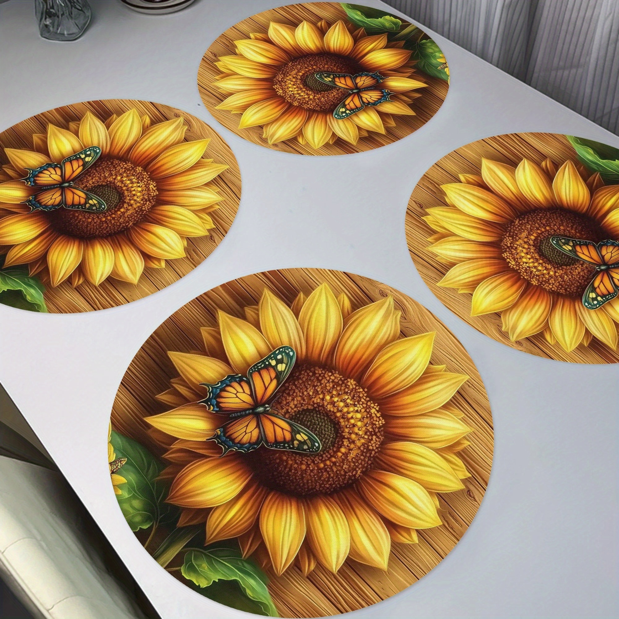 

4-pack Sunflower And Round Placemats, Polyester Non-slip Washable Table Mats For Home, Kitchen, Banquet, And Party Dining Decor, 15" Diameter