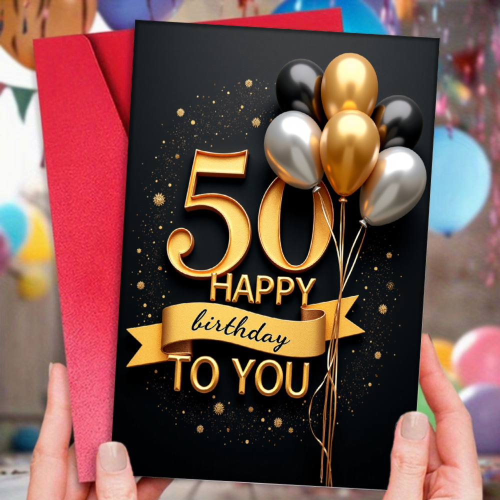 E-shop 1 Stück 50. Geburtstagskarte geeignet für 50. Geburtstagsfeier mit Umschlag - Elegantes Schwarz-Goldenes Ballon- & Altersdesign, Papierkarte für