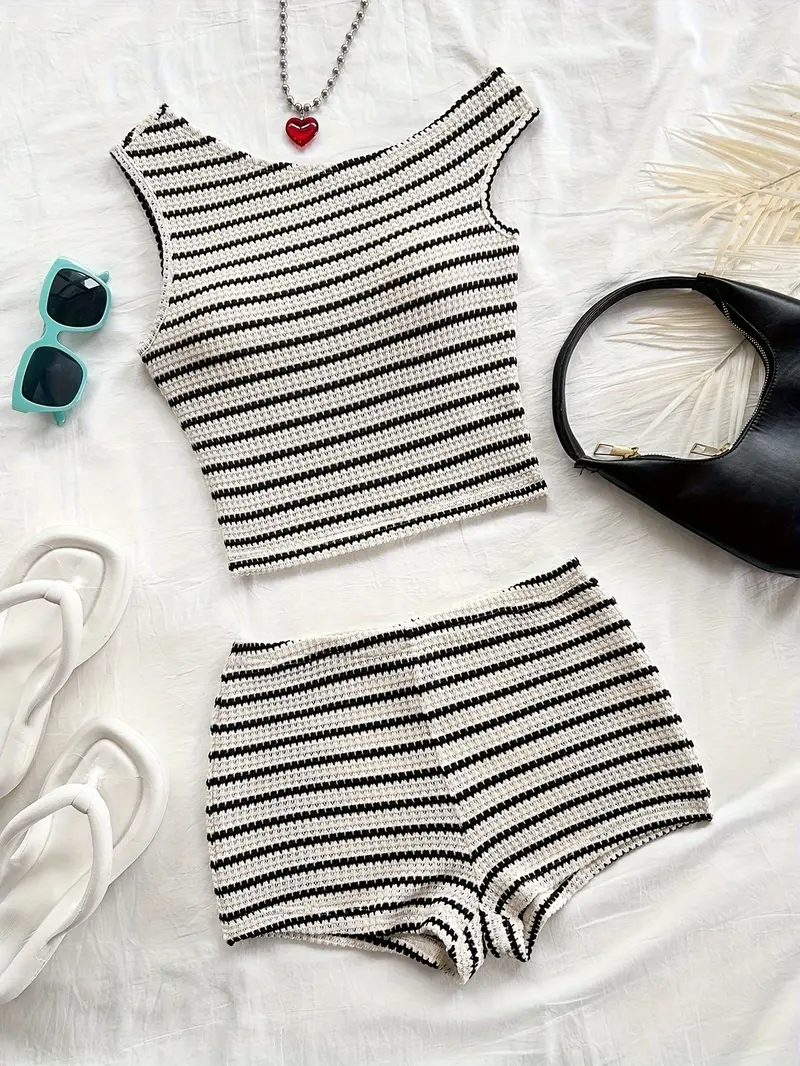 2pcs set womens off shoulder vest shorts striped pajama set Product details 4