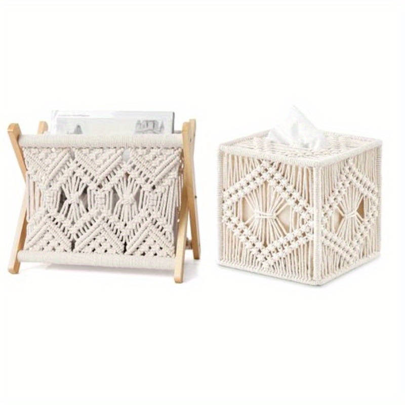 boho chic macrame magazine rack and tissue box set ivory round shape   bathroom bedroom dresser living room office dorm decor bathroom decor boho chic style woven texture bathroom decorations Product details 0