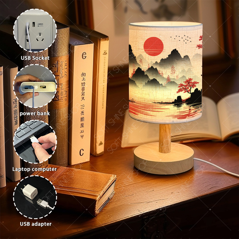 USB-Powered Print Table Lamp with Fabric Shade, Cozy Decor
