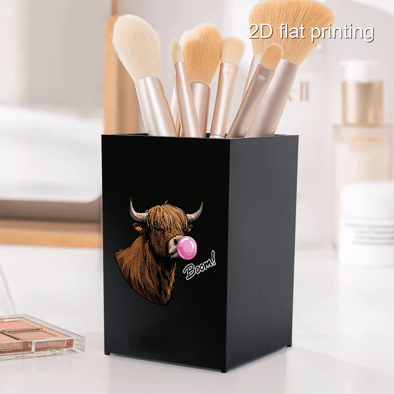 1pc cute bubble gum cow design makeup brush holder portable dustproof cosmetic organizer for brushes eyebrow pencils black plastic vanity storage box with highland cow illustration vanity storage solution   design sleek organizer Product details 1