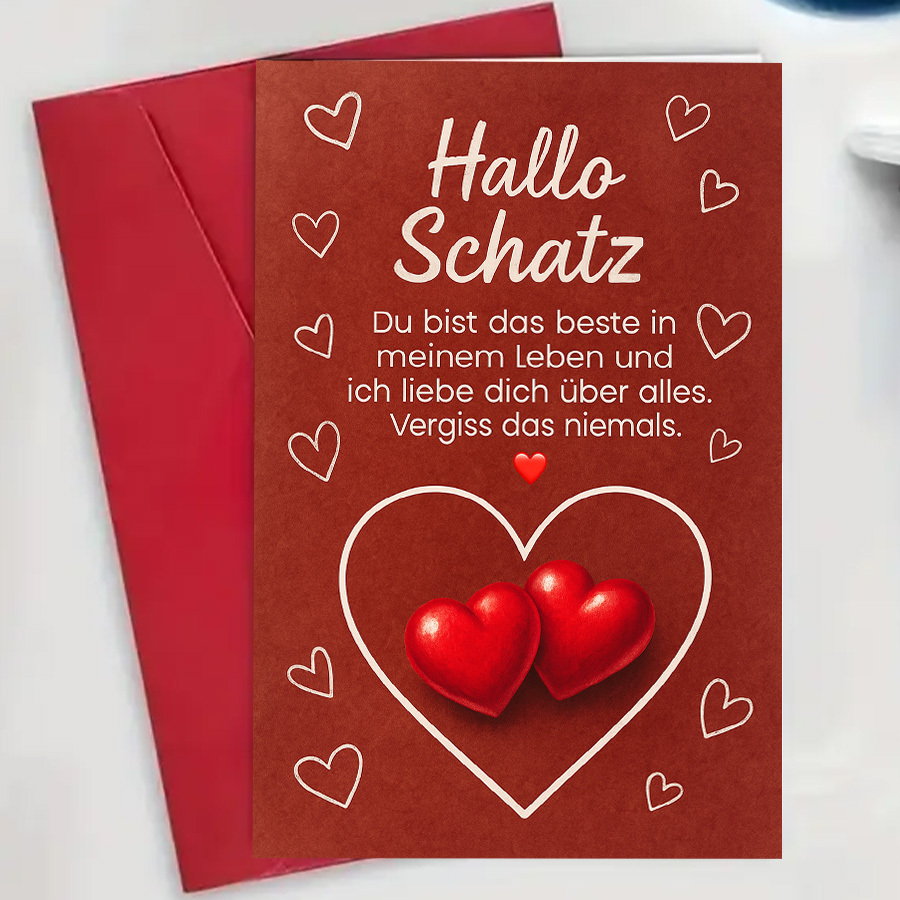 E-shop Eine romantische deutsche Liebeskarte mit Umschlag - Ehrliche deutsche Liebesworte "Hallo " (Mein ) - Entworfen in Rot mit Herzen - für