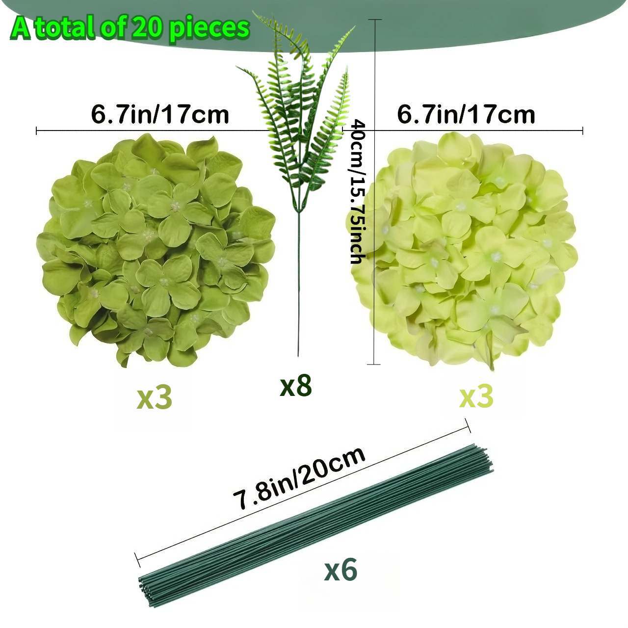 TEMU 20pcs Simulation Deep And Light Green Hydrangea Bouquet, Artificial Large Headed Hydrangea Floral Decoration, Full Head With Realistic , Elegant