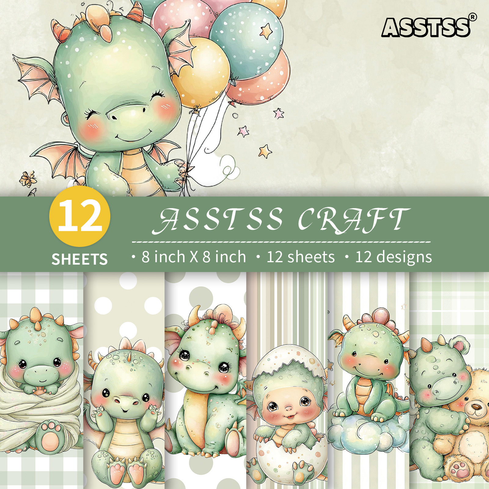 TEMU A 12-sheet Paper Pad Measuring 8 By 8 Inches Featuring A Cute Dragon In A Watercolor Style, Made From Heavyweight Cardstock Suitable For