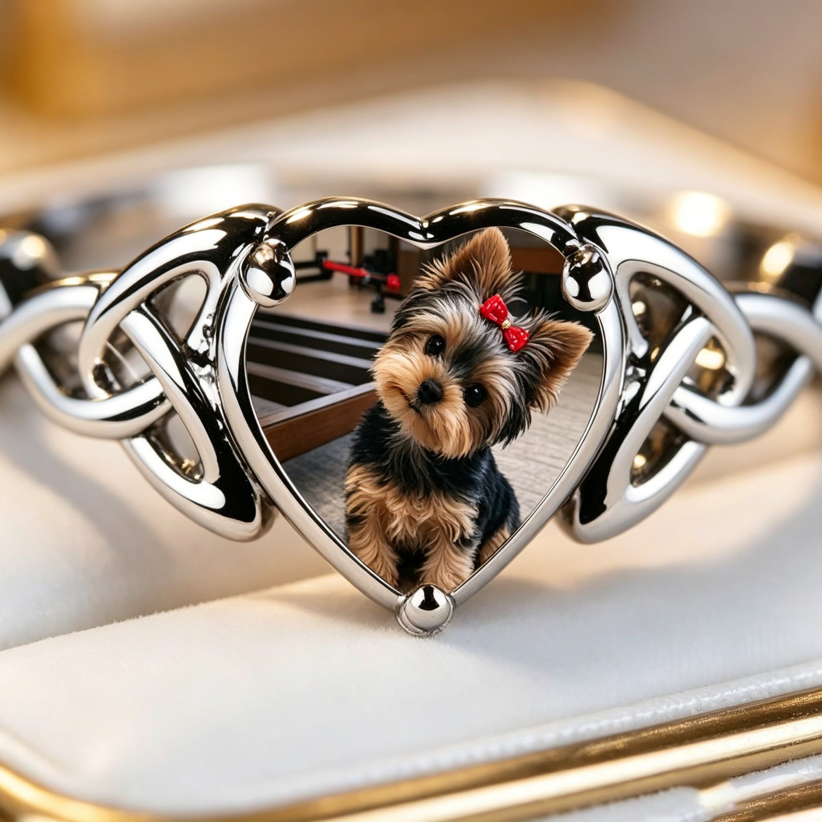Heart-Shaped Yorkshire Terrier Puppy Ring, Celtic Knot Design
