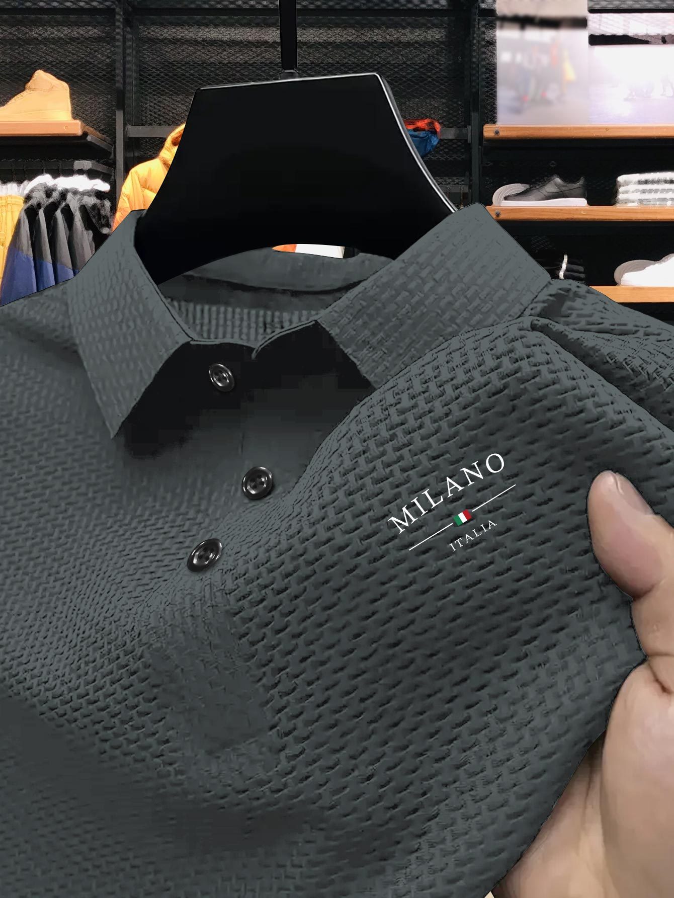 Men's Milan Print Short Sleeve Golf Shirt - Breathable, Stretch Fabric, Button- Collar, Lightweight Business Casual Style for Summer, Tennis & Golf Training