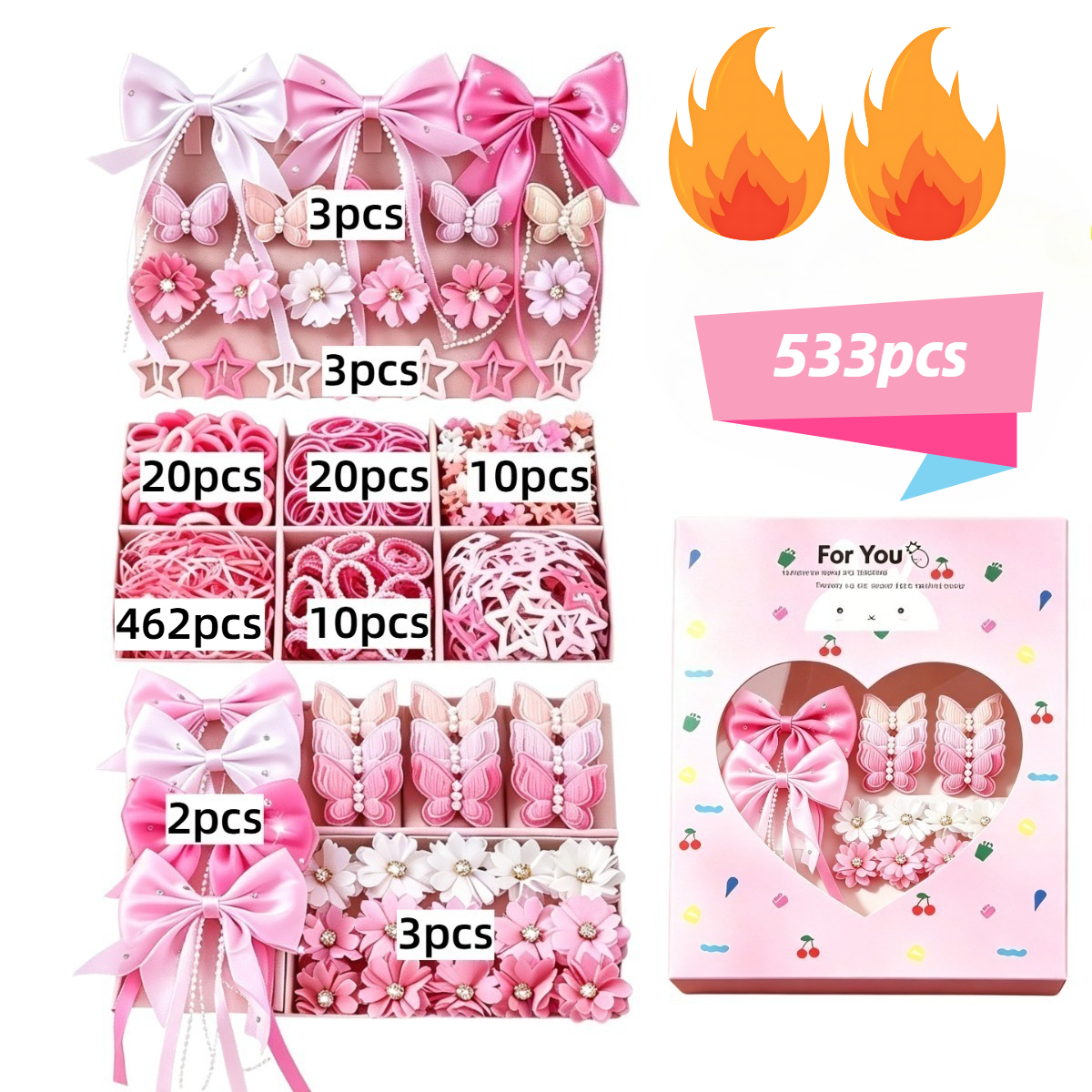 533pcs Pink Butterfly Bow Hair Clip Value Set