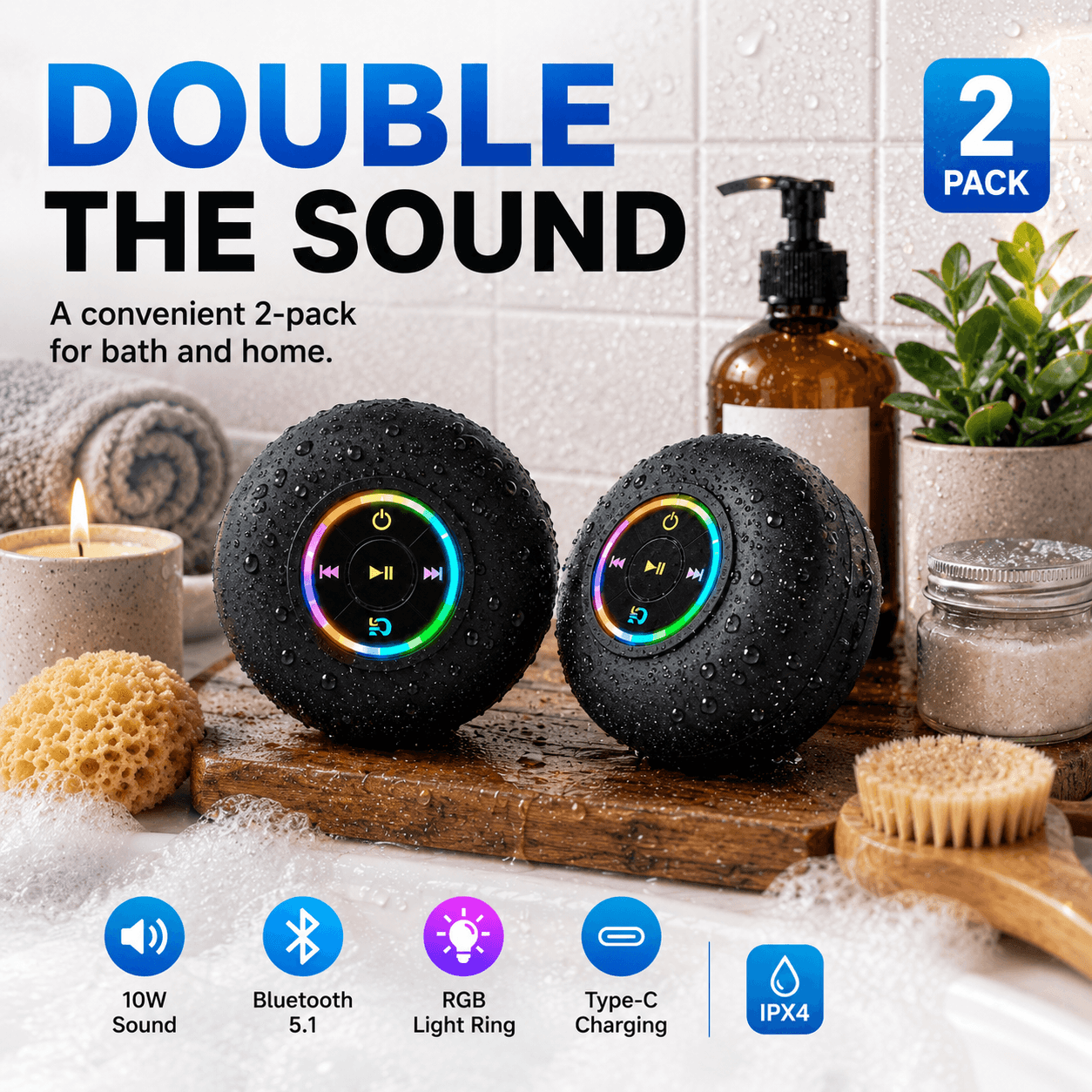 Image of 1/2 Pack Portable Bluetooth Shower Speaker With Suction Cup, Lights, Clear Powerful Sound, Wireless Bathroom Speaker For Home, Camping, Travel, Parties, Halloween & Christmas Gifts