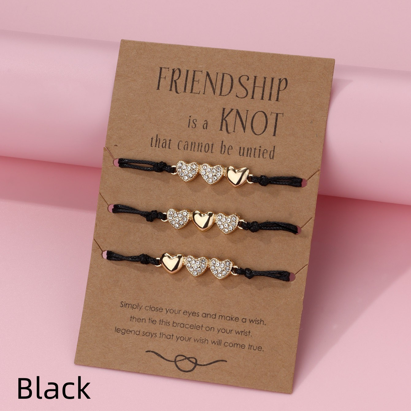 TEMU 3pcs/set Of Elegant Friendship Heart-shaped Bracelet Set, Hand Woven Adjustable Bracelet