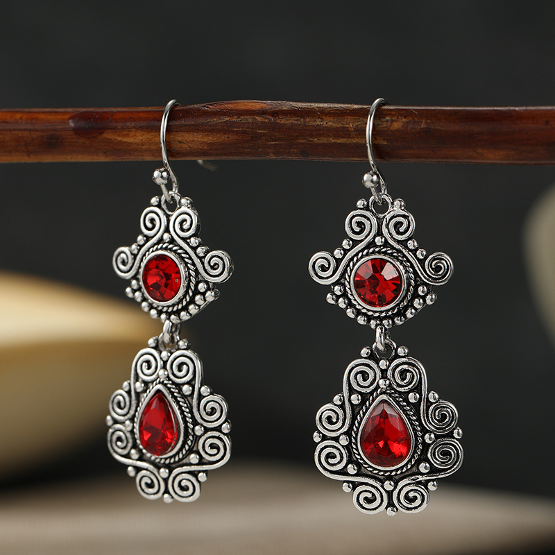 Ladies' Double-Layer Scroll Vintage Ear Hook Earrings with Red Zirconia