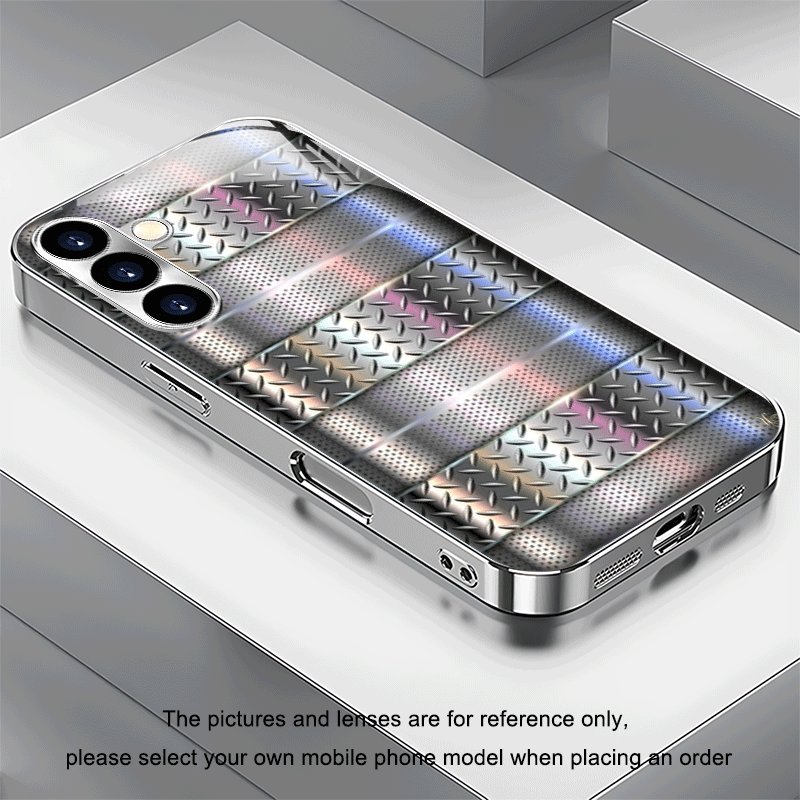 TEMU Phone Case: A Metallic Diamond-checkered Horizontal Stripe Textured Tempered Glass Phone Case, For Galaxy S25 S24 S24 Fe S24 Plus S24 Ultra S23