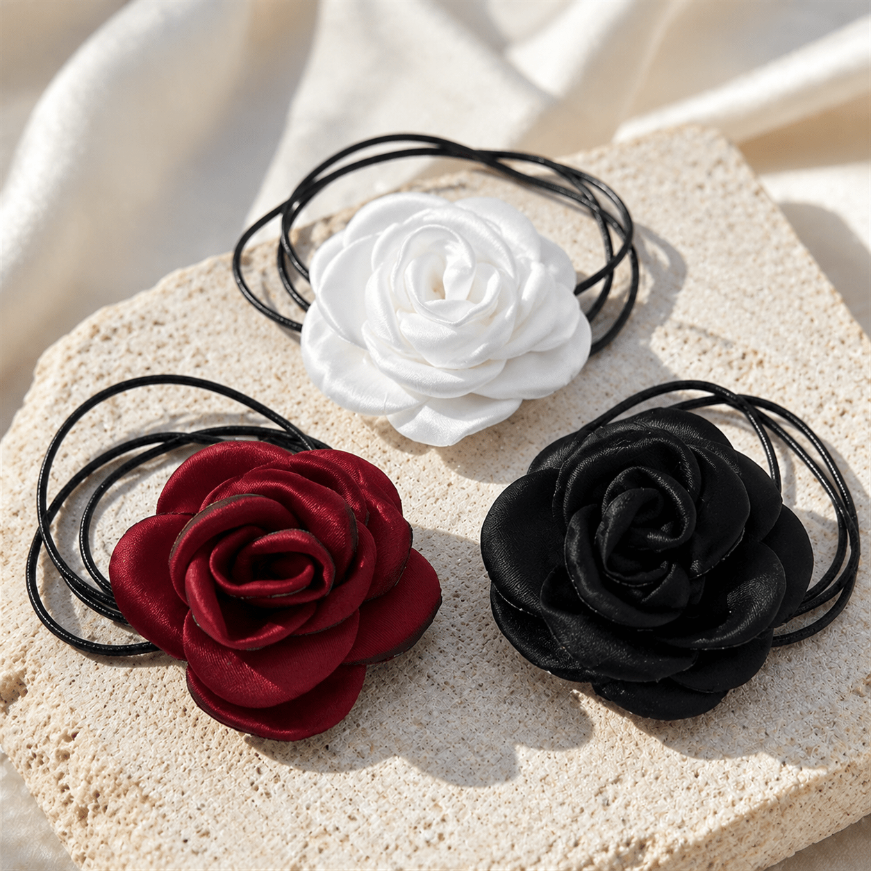 TEMU Collar gargantilla de tela con rosas estilo bohemio Y2K para mujer, juego de 3 piezas TUURIN - Envoltura multiusos adecuada para graduación,