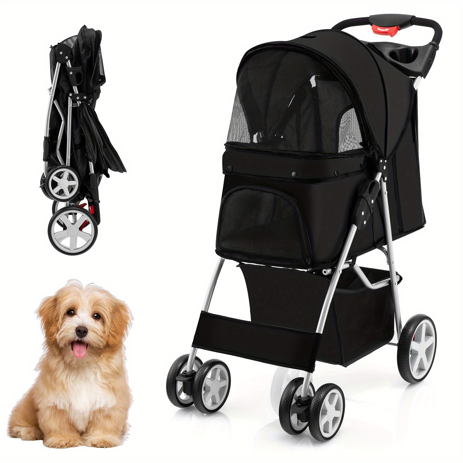 Image of Dog Cart Pet Buggy Up To 15kg, Dog Buggy With Mesh Windows & Drink Holder & Trailer, Cat Buggy For Small Dogs Cats