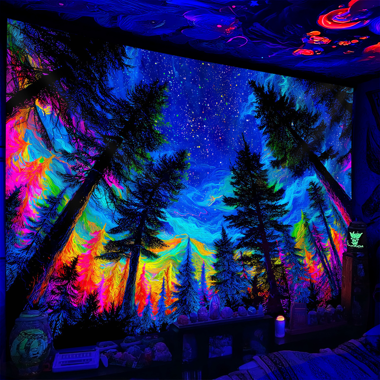 TEMU 1pc Colorful Art Starry - Glow In The Uv Light Banner Tapestry, Large Size Fluorescent Printing Tapestry, Bedroom Hanging Tapestry For Party
