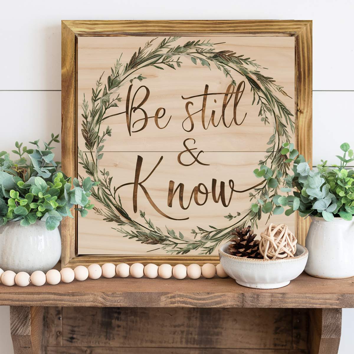TEMU & Rustic Wood Wall Art - 8x8 Inch Framed Farmhouse Sign With Cursive Lettering & Leaf Wreath, Wood Grain Verse Decor For Bedroom, Kitchen,