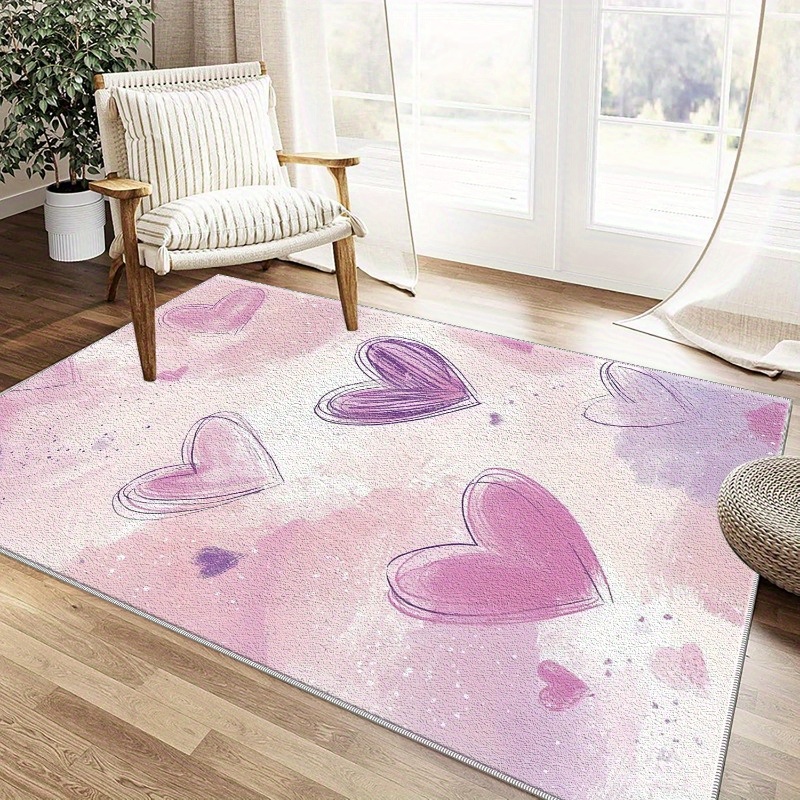 TEMU 1pc Light Pastel Watercolor Heart Pattern Area Mat - Machine Washable, Easy To Clean, Durable Polyester Floor Mat For Bedroom, Living Room,