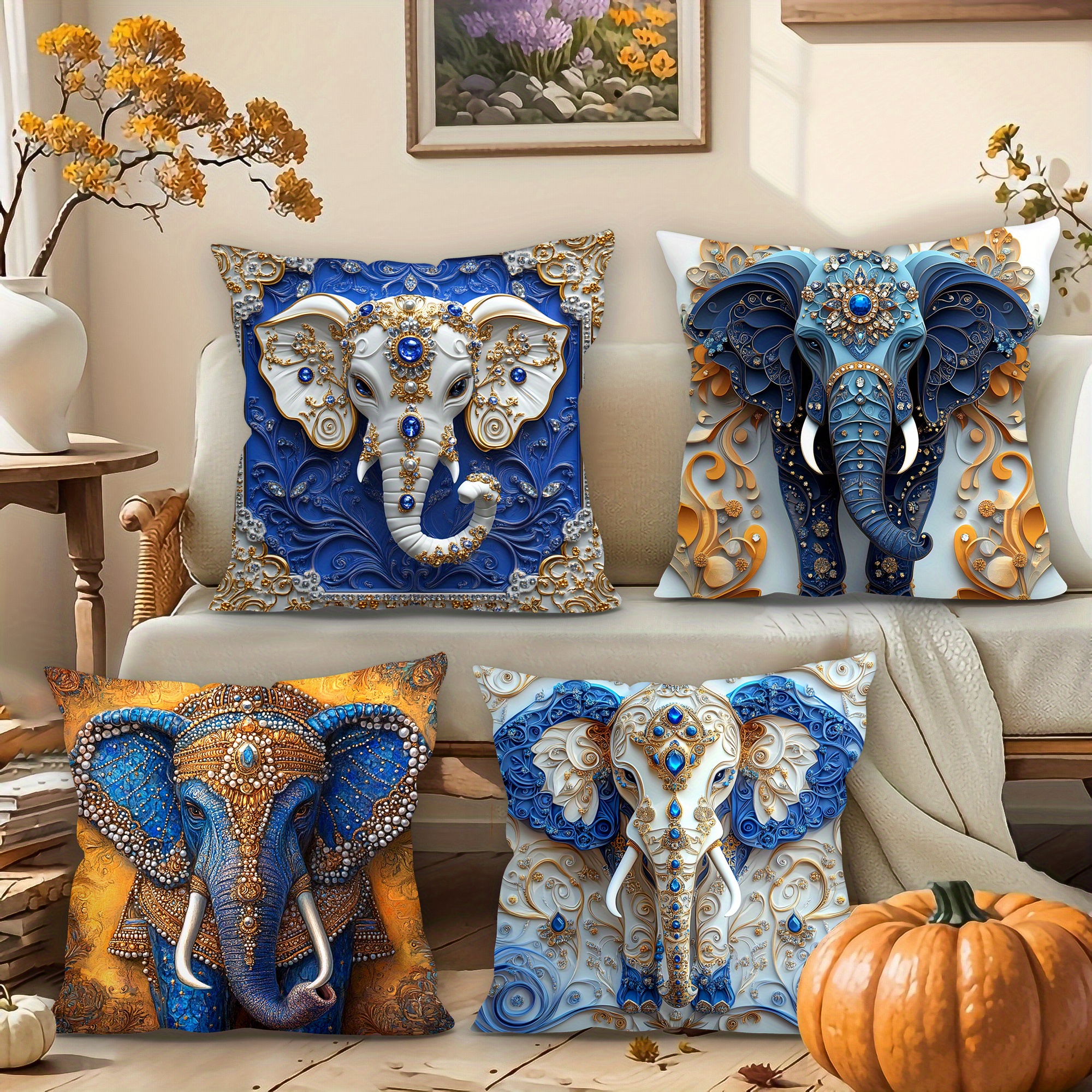 

4pcs Contemporary Elephant Throw Pillow Covers, 17.7" Soft Plush Decorative Cushion Cases With Zipper, Machine Washable, Polyester, Woven, For Sofa, Bed, Home, Office, Car Decor