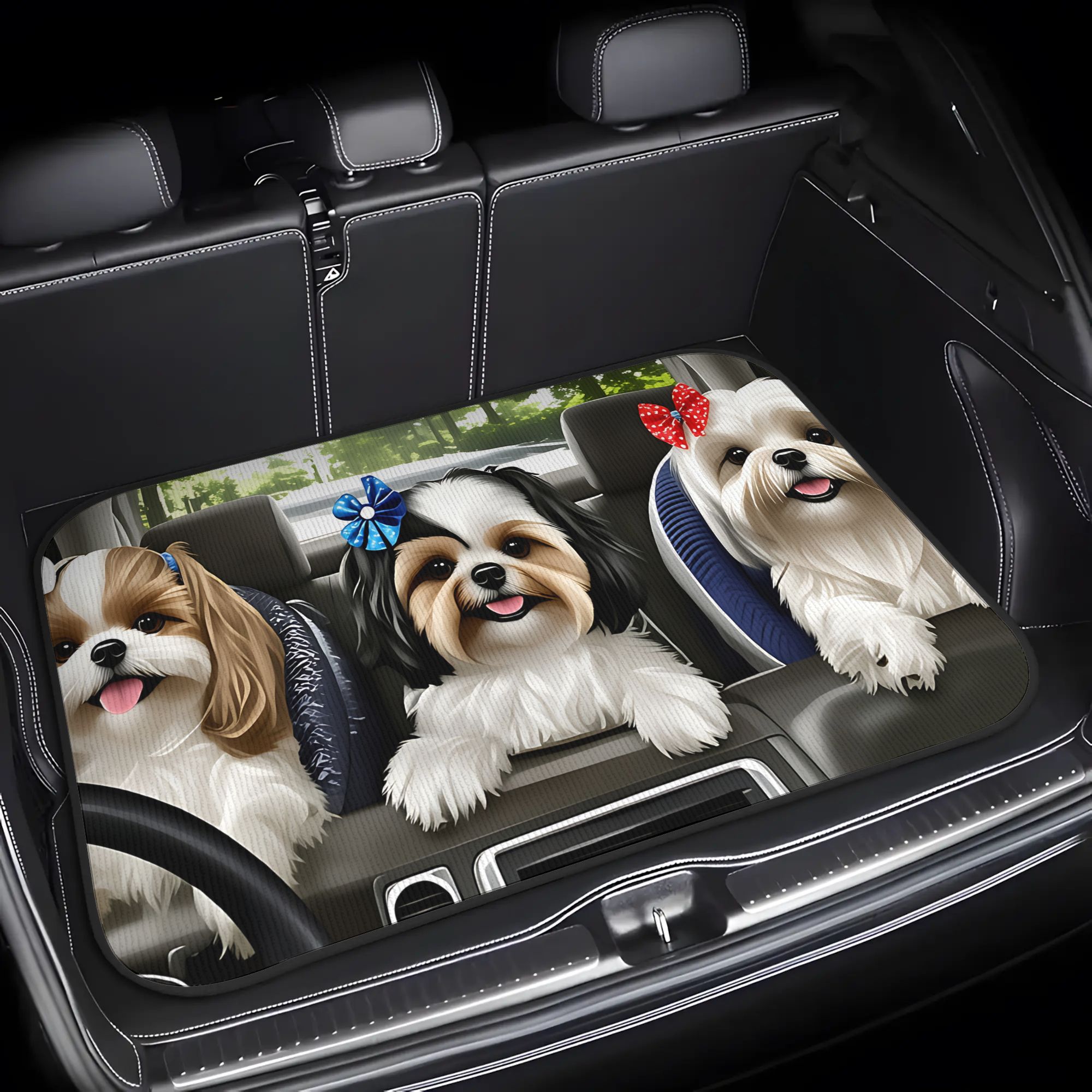 TEMU 1pc Trunk Liner Featuring 3 Shih Tzu Dogs With Bows Having A Fun Car Ride . This Durable Car Cargo Mat Is Perfect For Valentine's Day, New Year,