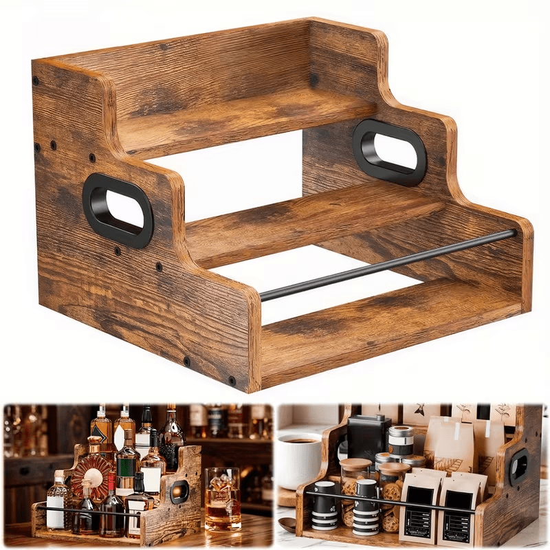 Solid Wood Liquor Bottle Display Shelf, Coffee Syrup Rack Organizer, 3 Step Countertop Liquor Wine Rack, Bar, Liquor Cabinet, Home Bar Shelf Stand for Liquor Whiskey, Spirits, Spice Rack