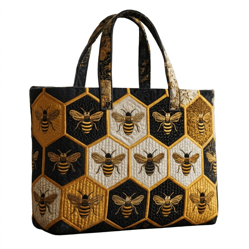 TEMU Quilted Travel Tote Bag, Vintage Honey Bee Hexagonal Honeycomb Embroidery Print Handbag, Large Capacity Shoulder Bag For Women, For Travel,