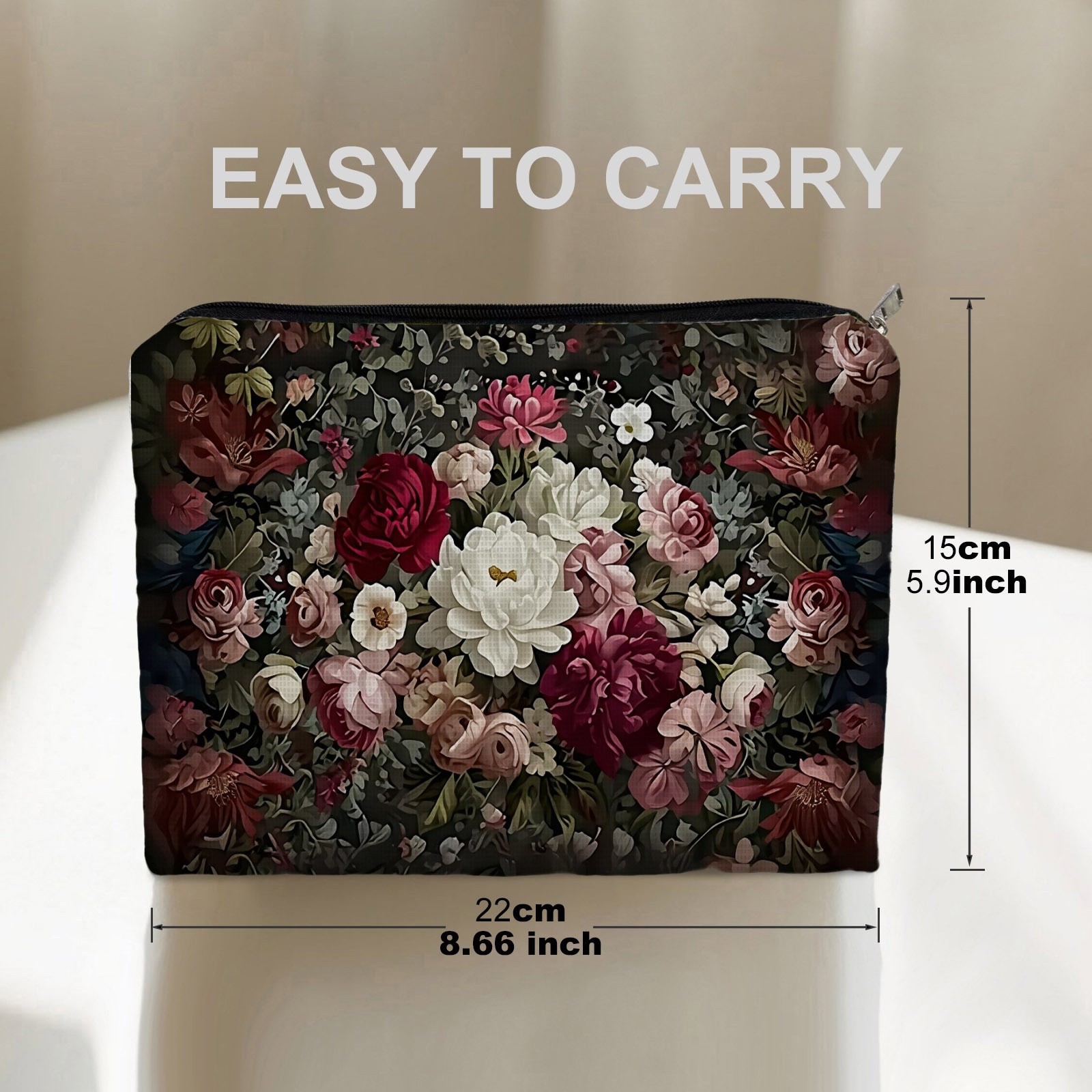 TEMU Vibrant Floral Print Makeup Bag, Double Sided Printed Design With Peony, Rose And Foliage, Soft Durable Polyester Cosmetic Pouch In 5.9in*8.66in