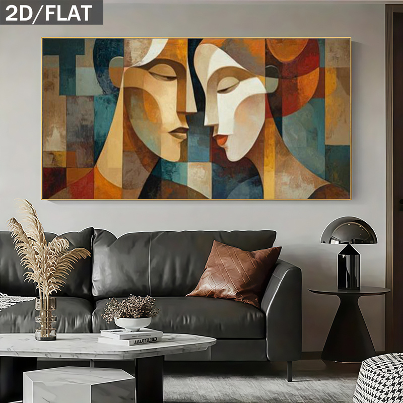 TEMU 2d Flat, [2d Flat] Wall Decor - 1pc 2d Flat Large Canvas Painting - Abstract Face With Geometric Shape Texture Canvas, Perfect For Living Room,