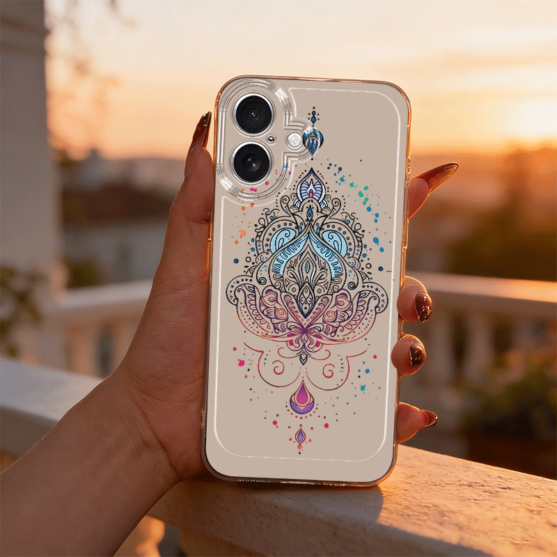 TEMU Phone Case: 2d Flat Minimalist For Lotus Mandala Colorful Pattern Transparent Shockproof Phone Case For Iphone 17 16 15 14 13 12 Pro Series,