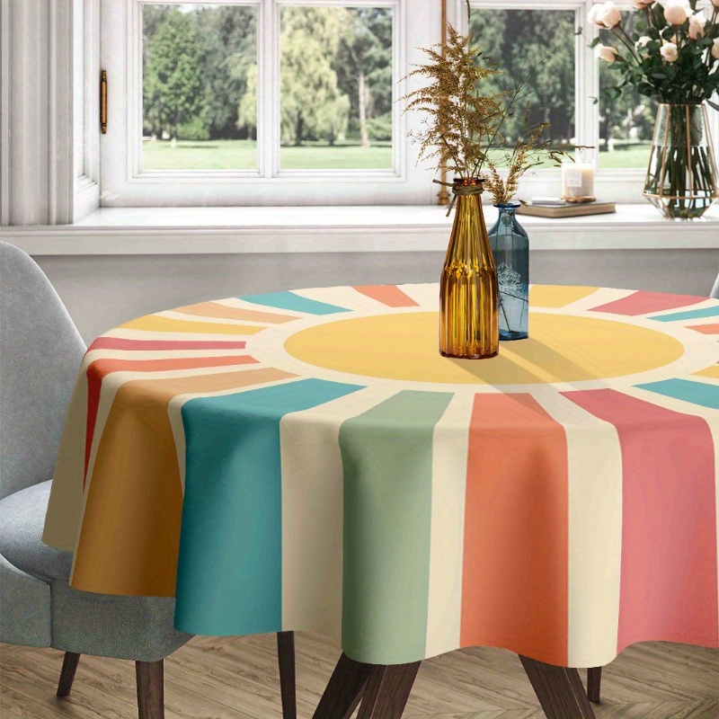 Image of [jit]1pcs Spring Boho Moroccan Circular Tablecloths, Vintage Colored Striped Circular Tablecloths, Table Covers, Indoor And Outdoor Use, Home Decor, Holiday Gifts For . 61x61 Inch, Bohemian Style