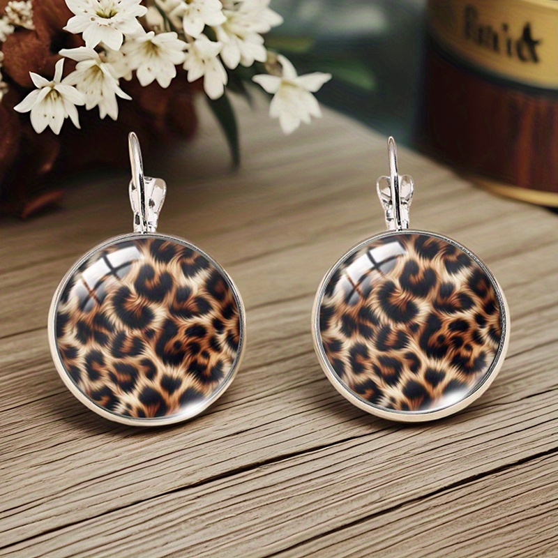 Image of Fashionable Leopard With Illustrations Round Glass Earrings Fashionable Jewelry Gifts