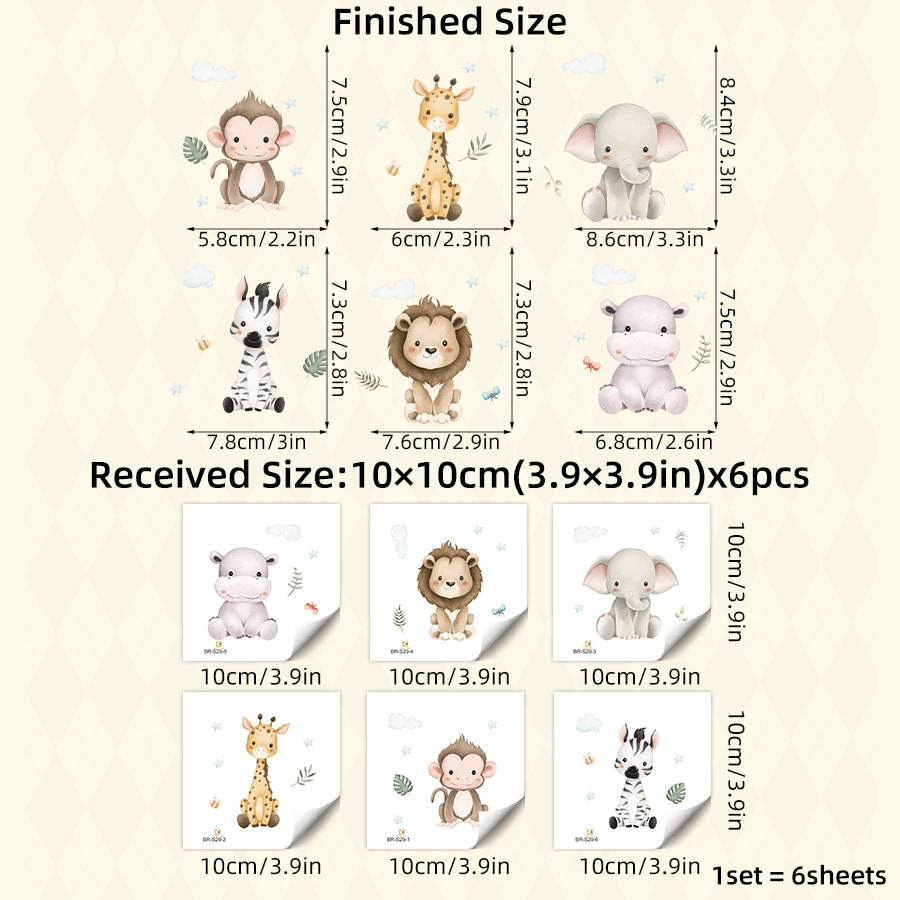 E-shop 6 Stück Boho Süße Tier-Schalter-Aufkleber - Wasserdichter PVC, Selbstklebender Elefant, Giraffe, Löwe, Tiger, Zebra & Mehr Aufkleber für
