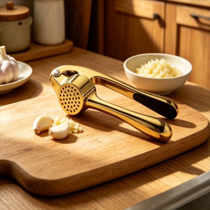 TEMU 1pc High Quality Golden-plated Garlic Press, Anti Slip Ergonomic Handle, Easy To Clean Multifunctional Kitchen Tool For Garlic And Ginger