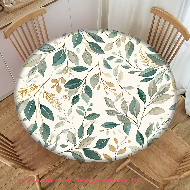 TEMU 1pc Green Leaf 2d Printed Round Elastic Tablecloth Suitable For Round Dining Tables, Made Of Polyester, Ideal For Parties, Kitchens,