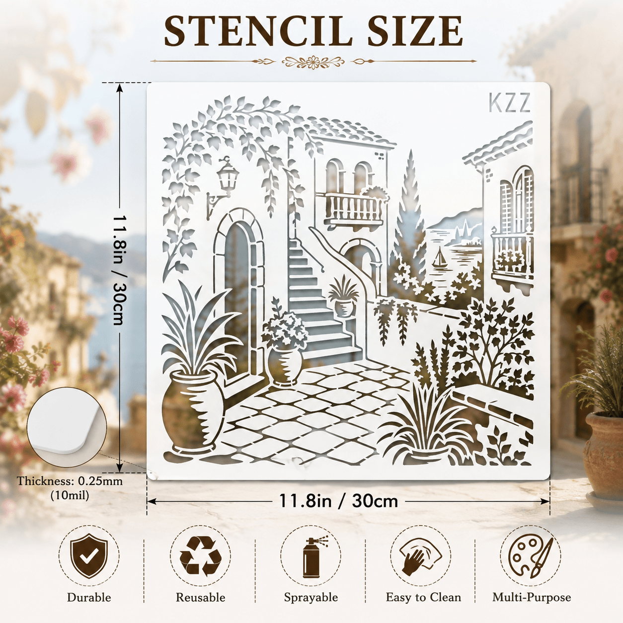 TEMU Pochoir Méditerranéen Réutilisable KZZ pour Peinture sur Mur, Toile, Tissu et Sac Fourre-tout - Modèles à Grande Échelle de Village Côtier avec