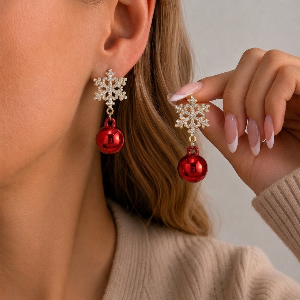TEMU 1 Pair Christmas Snowflake Rhinestone Stud Earrings, Red Sphere Pendant Earrings, Women's Holiday Party Atmosphere Decorative Earrings