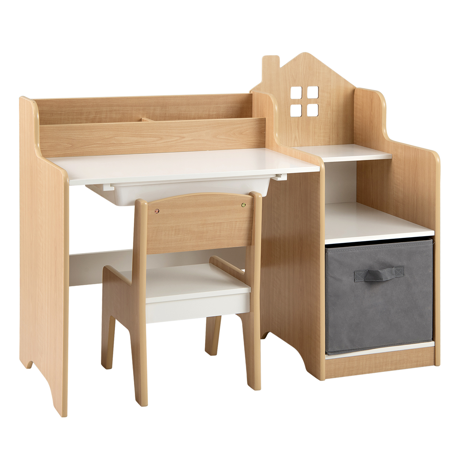 Image of Desk, Desk With Chair, Drawer, Open Shelves And Fabric Container, Student Desk Wood In House Shape, Youth Desk (natural)
