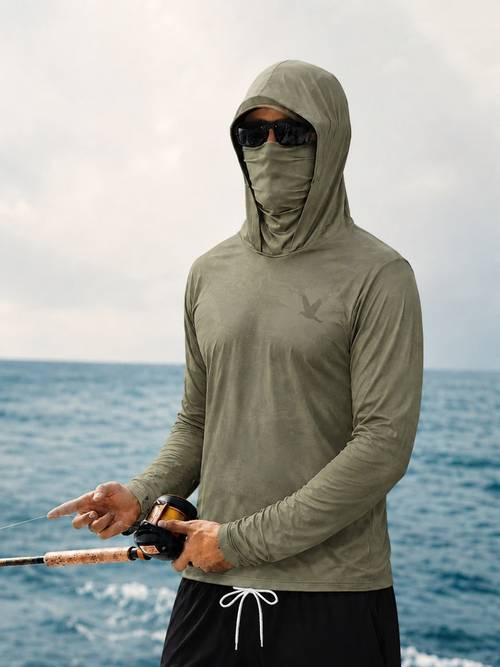 photo de l'article chemise de pêche à capuche pour homme, manches longues, motif à , impression numérique, cache-cou intégré, polyester, pour la pêche et les activités de