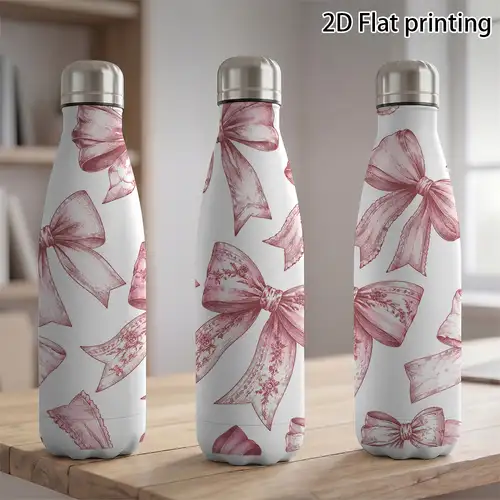 *. 17oz vakuumisolierte Edelstahl-Wasserflasche 500ml, Kaffeetasse in *-Form mit niedlichem rosa Vintage-Schleifen-Aufdruck, tragbare Reiseflasche mit verschlossenem Deckel für Auto, Outdoor-Sport,
