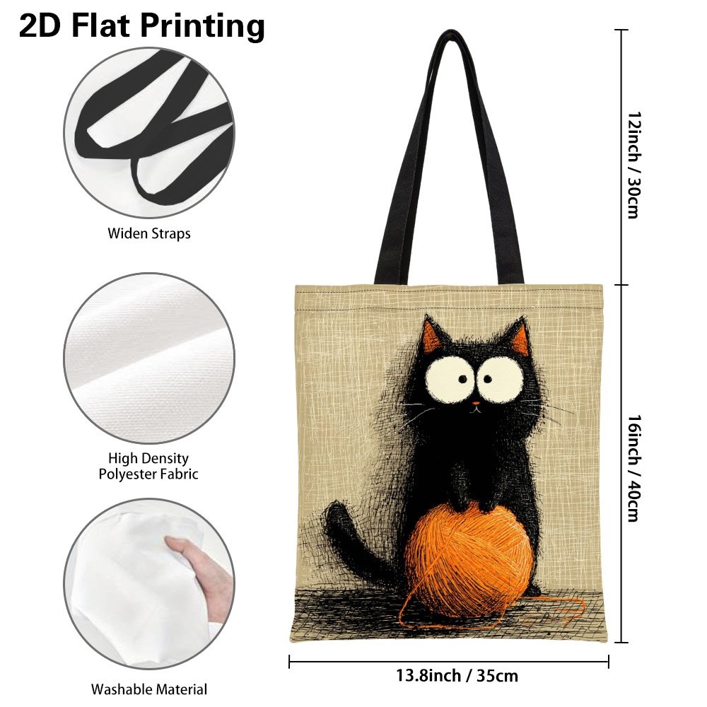 TEMU 1pc Vibrant Black Cat With Yarn Design Tote Bag - Lightweight Reusable Grocery Bags With Fixed Shoulder Straps, Spacious Handbag For Work,