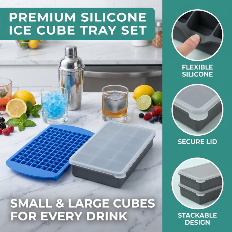 Image of Food-grade Silicone Cube Of Ice Tray Set With Lid, Stackable, Suitable For Different Ice Sizes, A Household Ice-making Tool, Easy To Demold