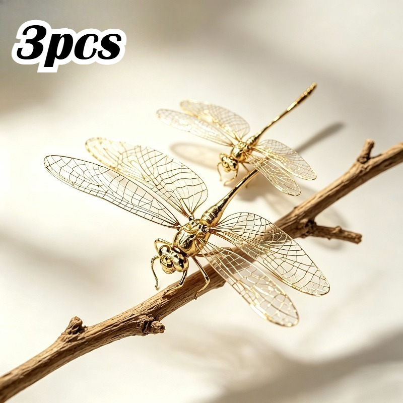 TEMU 3pcs Golden Metal Dragonfly Ornaments, Hollow Metal Dragonfly Figurines, Vintage Desktop Decor, Suitable For Home Wedding Party Arrangement,