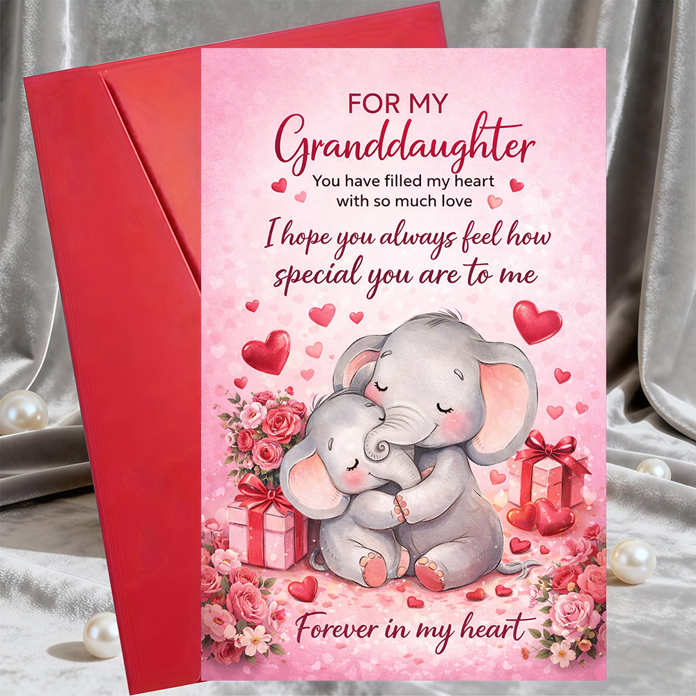TEMU 1pc Sweet Granddaughter Love Heart Greeting Card, With Cute Elephants And Heart Patterns, Perfect Gift For Grandparents, Suitable For Birthdays,