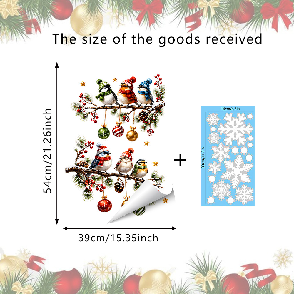 TEMU 2pcs Christmas Bird Window Clings, Static Cling Glass Stickers With Winter Birds, Pine Branches, Berries And Ornaments, Reusable No-glue