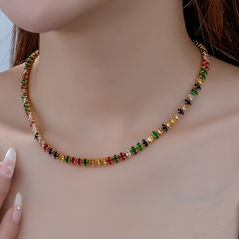 E-shop 1 Stück Frühling/Sommer Mode Damen Bunte Tennis Halskette, Eleganter Bohemian-Stil, Hypoallergenes Kupfer mit Antioxidations-Eigenschaften,